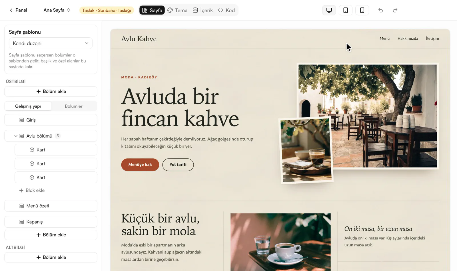 Editörün üst çubuğunda Masaüstü, Tablet ve Mobil düğmeleri arasında geçiş yapılıyor; önizleme seçilen genişliğe göre değişiyor.